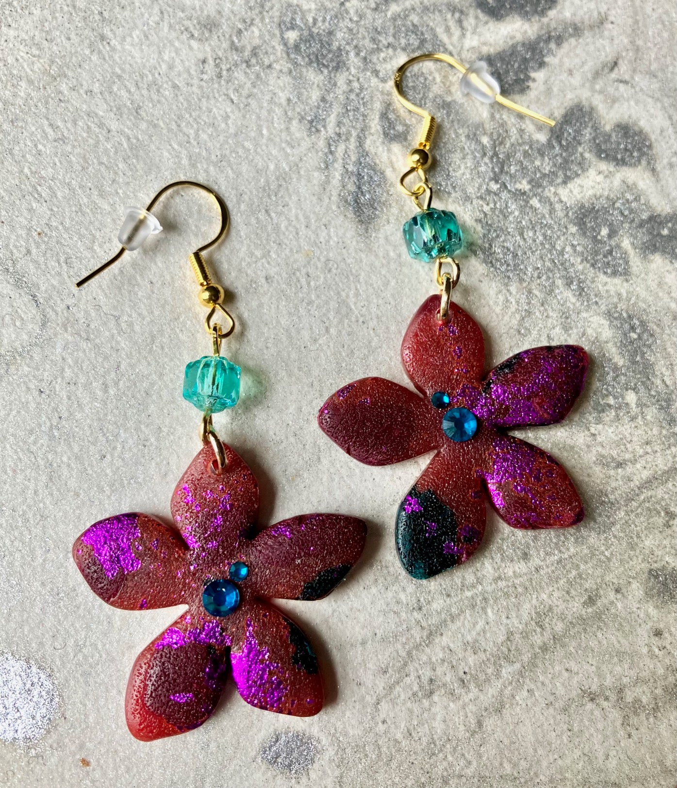 "Drip In Spring" Clay, Rhinestones & Beaded Floral Earrings