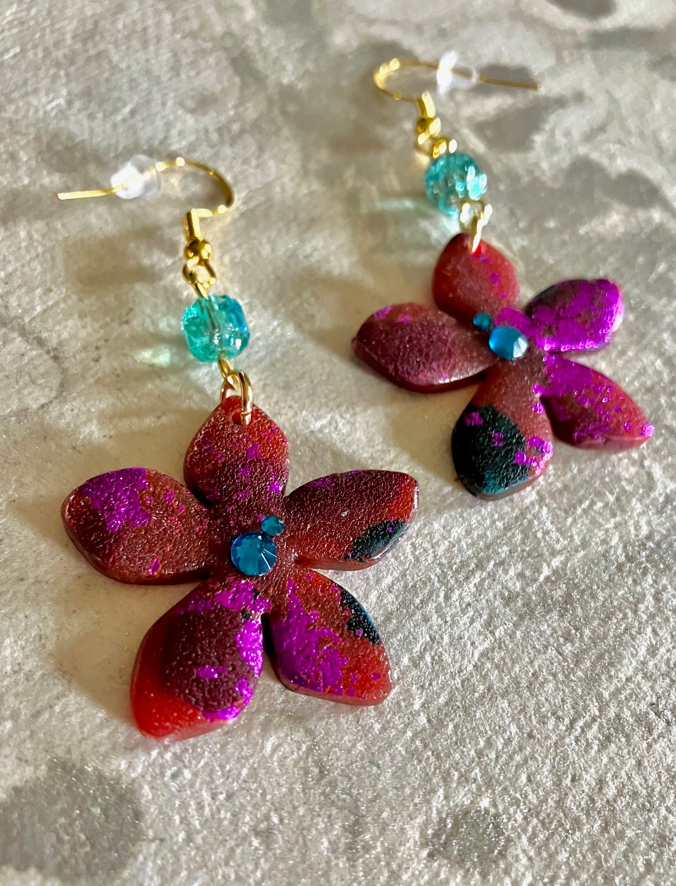 "Drip In Spring" Clay, Rhinestones & Beaded Floral Earrings